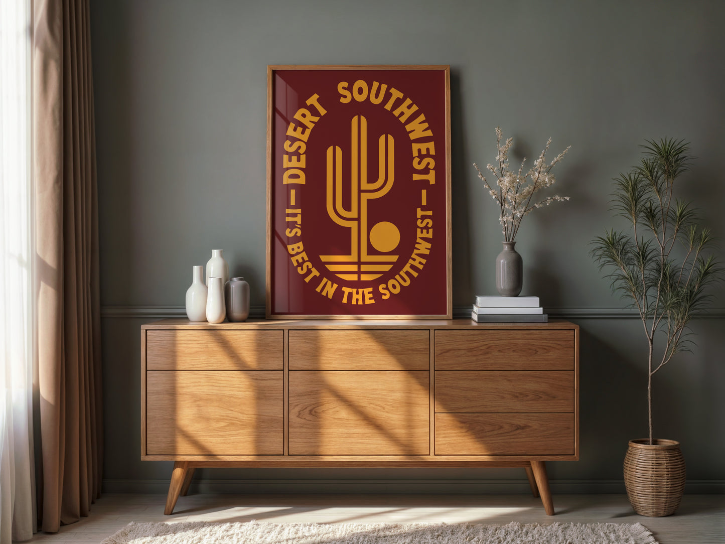 Desert Southwest Minimalist Poster | Mid Century Saguaro Cactus Sun Retro Desert Wall Art It's Better in the Southwest Print