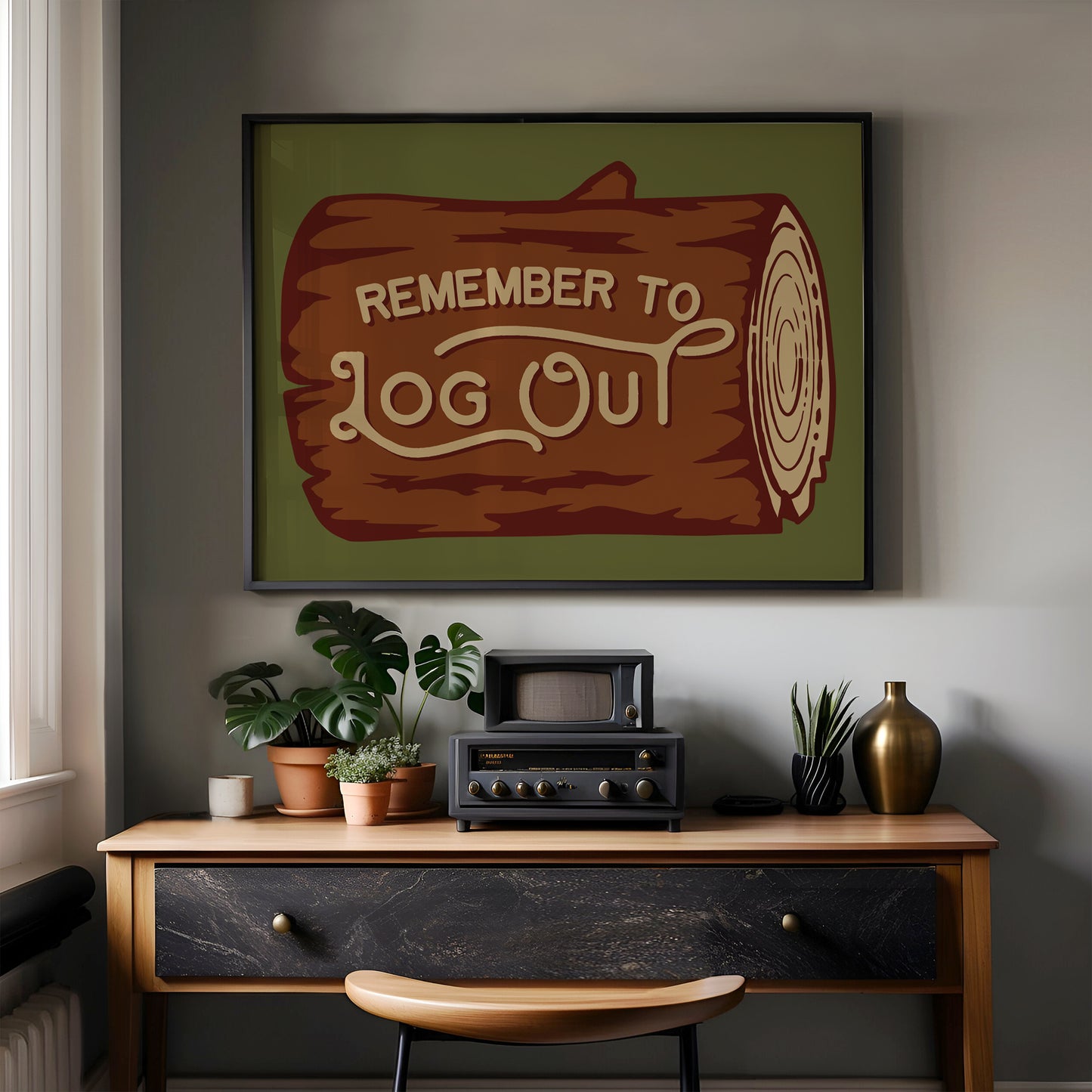 Remember to Log Out Poster, Nature Reminder Wall Art, Outdoor Minimalist Print, Hiking Camping Decor, Digital Detox Illustration