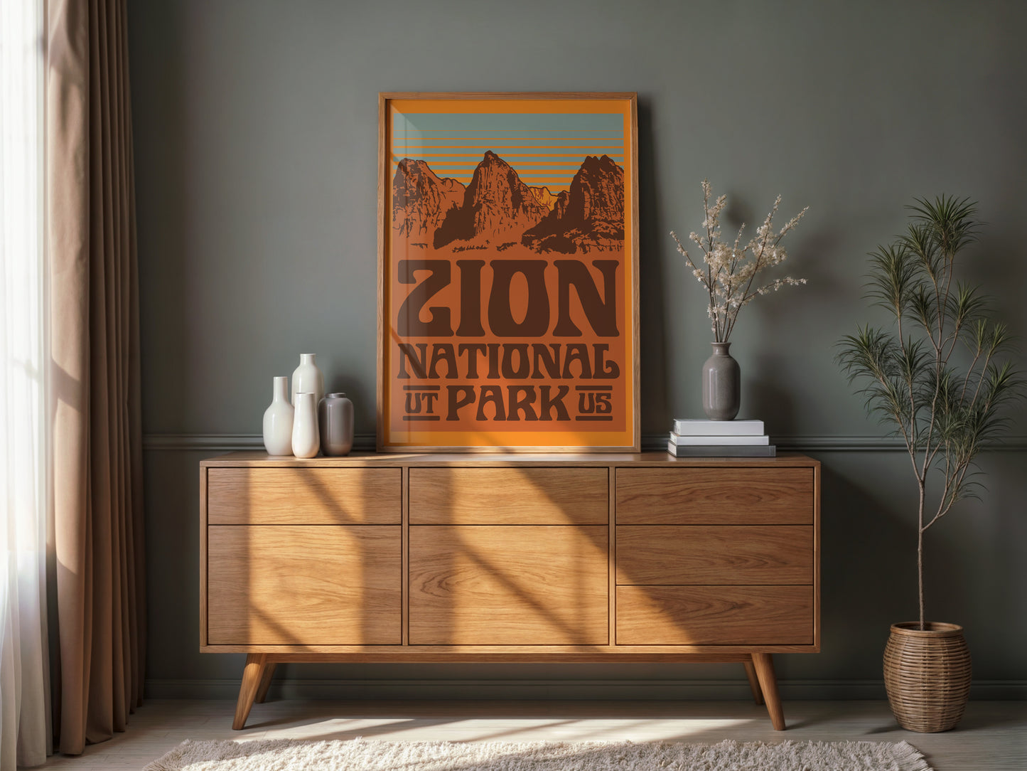 Zion National Park Three Patriarchs Poster | Zion Mid Century Travel Poster