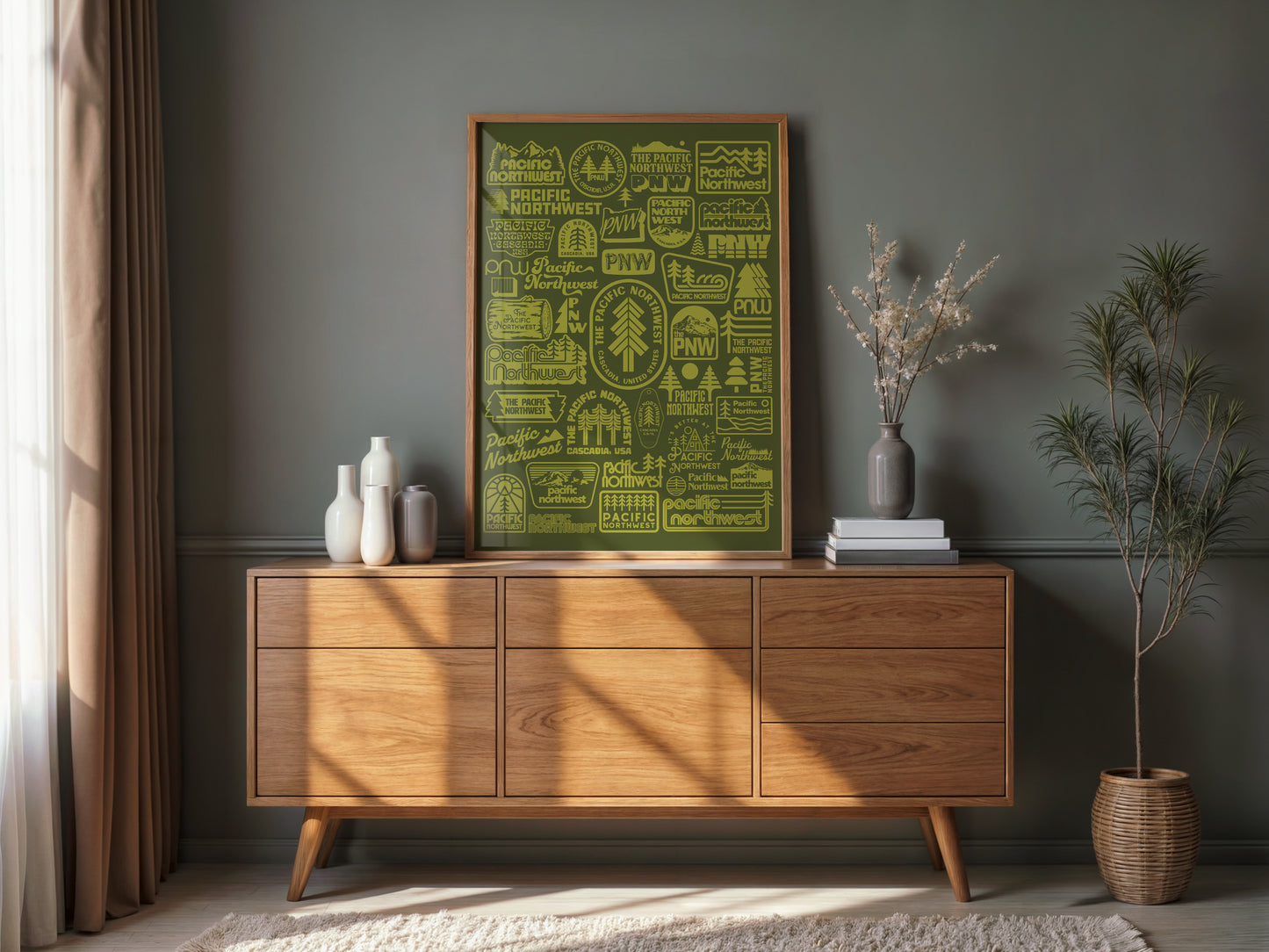 Pacific Northwest Logo Poster | Retro PNW Badge Collage Mid Century Inspired Outdoor Wall Art Print