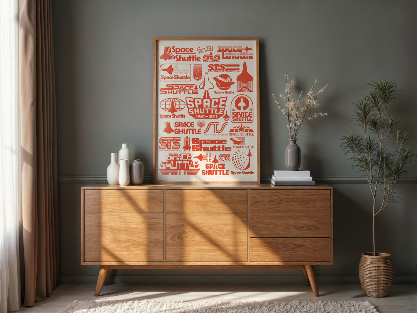 Retro NASA Space Shuttle Logo Poster | 1980s Inspired Shuttle Mission Patch Style Space Wall Art (NASA Red Version))