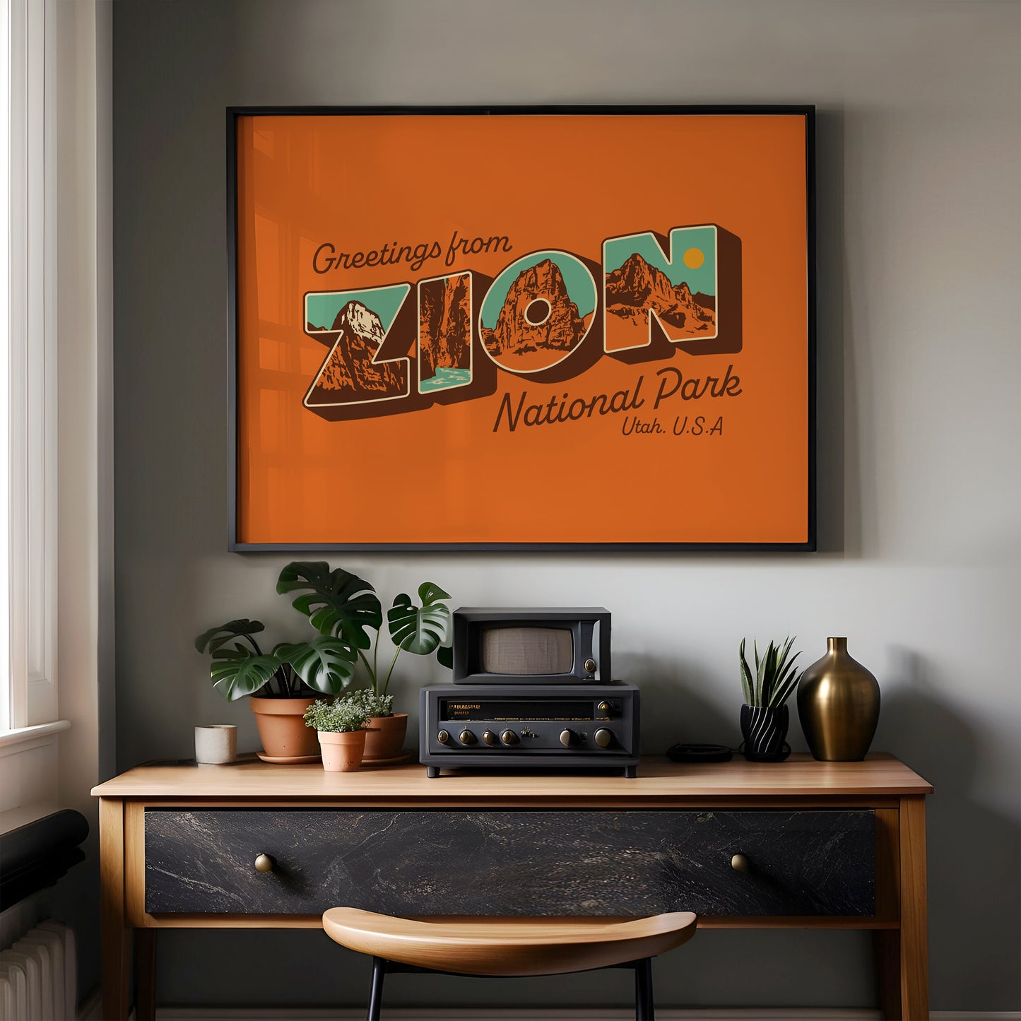 Greetings From Zion National Park Poster | Vintage Travel Postcard Style Art | Angels Landing, The Narrows, Watchman