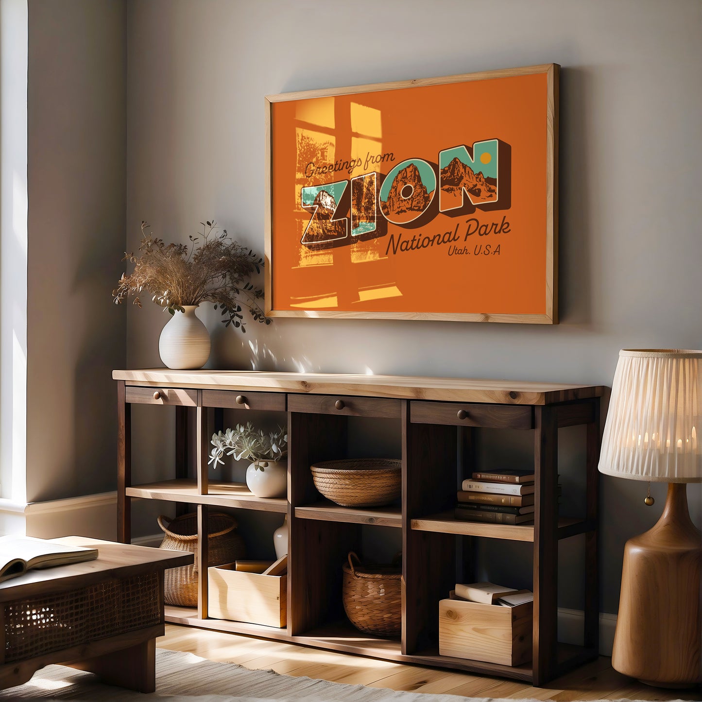 Greetings From Zion National Park Poster | Vintage Travel Postcard Style Art | Angels Landing, The Narrows, Watchman